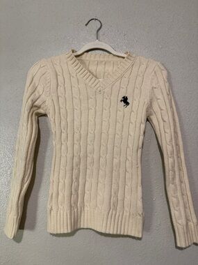 SHEIN Cream Cable-Knit V-Neck Sweater with Black Logo